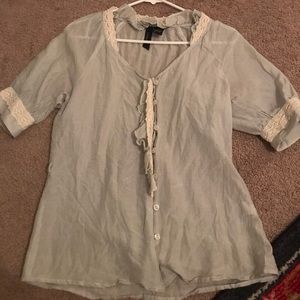 Boutique blue seersucker blouse lace trim